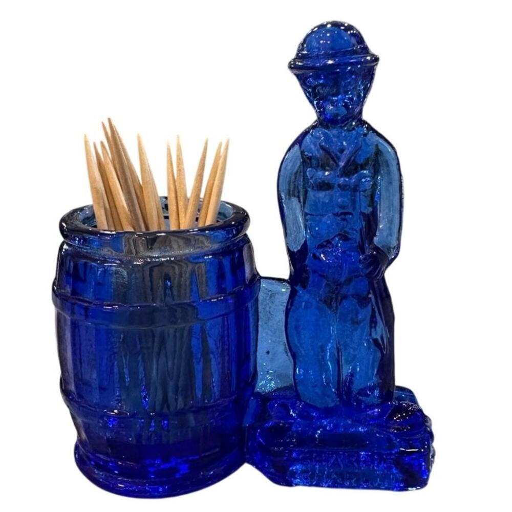 Vintage Cobalt Blue Glass Charlie Chaplin Toothpick Holder with Barrel